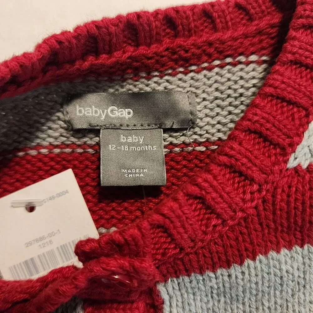 Baby Gap Girl 12-18 m  Red & Gray Striped Knit Cardigan  Heart Elbow Patches